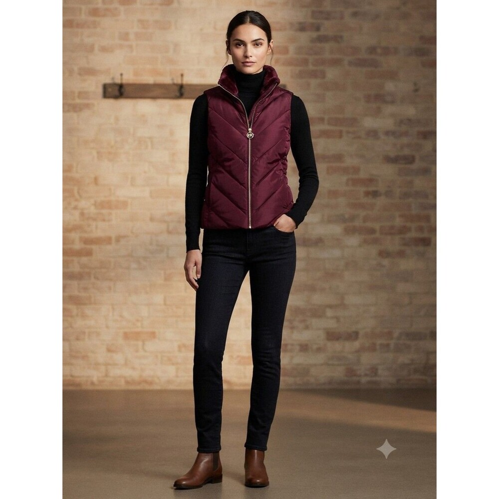 Michael Kors Burgundy Chevron Quilted Puffer Vest